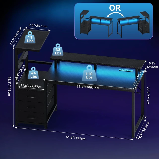 Alt view image 7 of 7 - DUMOS 52 Reversible Gaming Computer Desk with Drawers and Power Outlet,Gamer Table with Side Hook LED Lights and Monitor Stand for Home Office Small Space Fits PC Towers, Black