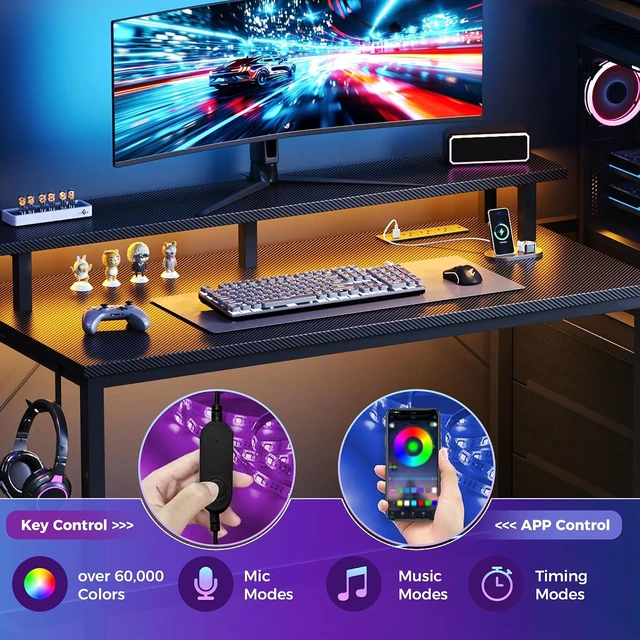 Alt view image 5 of 7 - DUMOS 52 Reversible Gaming Computer Desk with Drawers and Power Outlet,Gamer Table with Side Hook LED Lights and Monitor Stand for Home Office Small Space Fits PC Towers, Black