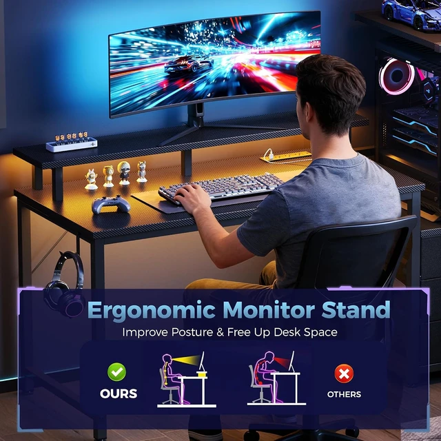 Alt view image 2 of 7 - DUMOS 52 Reversible Gaming Computer Desk with Drawers and Power Outlet,Gamer Table with Side Hook LED Lights and Monitor Stand for Home Office Small Space Fits PC Towers, Black