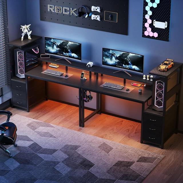 Alt view image 3 of 7 - DUMOS 52 Reversible Gaming Computer Desk with Drawers and Power Outlet,Gamer Table with Side Hook LED Lights and Monitor Stand for Home Office Small Space Fits PC Towers, Black