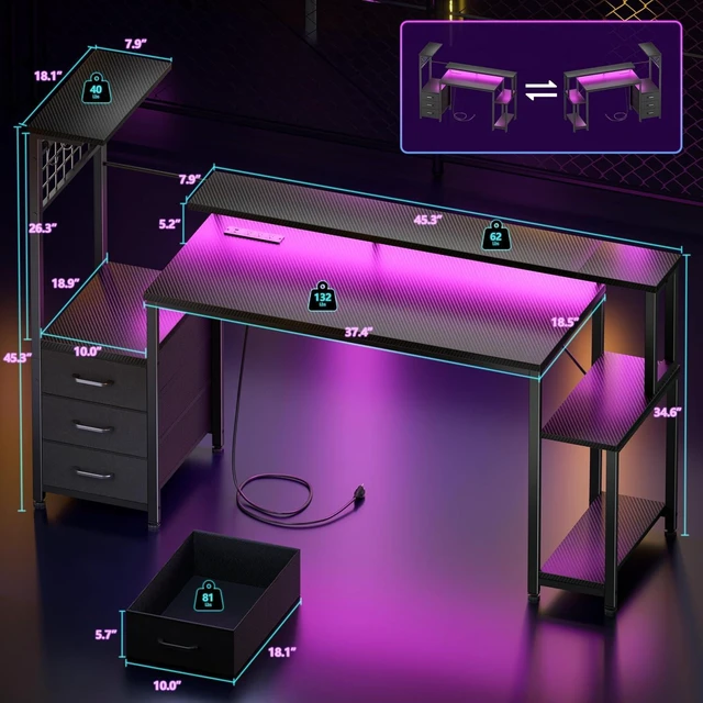 Alt view image 5 of 7 - Korfile 55" Gaming Desk with Power Outlet, LED, Carbon Fiber Black Finish,Reversible Computer Desk with Monitor Stand, CPU Stand & Drawers, Gamer Table with Side Hook for Gaming, Home Office, Bedroom