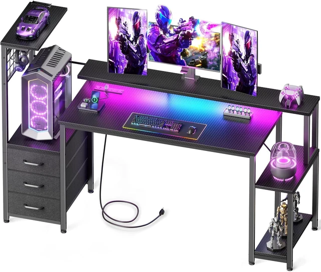 Main image of Korfile 55" Gaming Desk with Power Outlet, LED, Carbon Fiber Black Finish,Reversible Computer Desk with Monitor Stand, CPU Stand & Drawers, Gamer Table with Side Hook for Gaming, Home Office, Bedroom