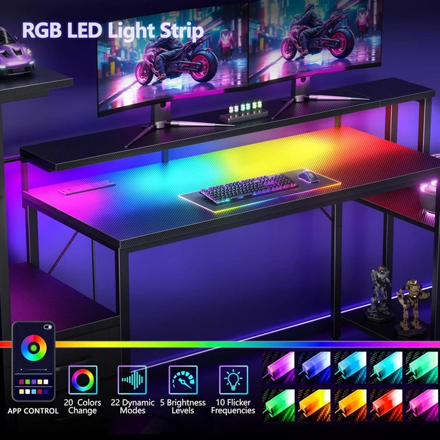 Alt view image 4 of 7 - Korfile 55" Gaming Desk with Power Outlet, LED, Carbon Fiber Black Finish,Reversible Computer Desk with Monitor Stand, CPU Stand & Drawers, Gamer Table with Side Hook for Gaming, Home Office, Bedroom