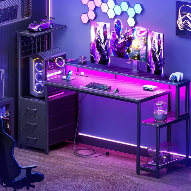 Alt view image 2 of 7 - Korfile 55" Gaming Desk with Power Outlet, LED, Carbon Fiber Black Finish,Reversible Computer Desk with Monitor Stand, CPU Stand & Drawers, Gamer Table with Side Hook for Gaming, Home Office, Bedroom