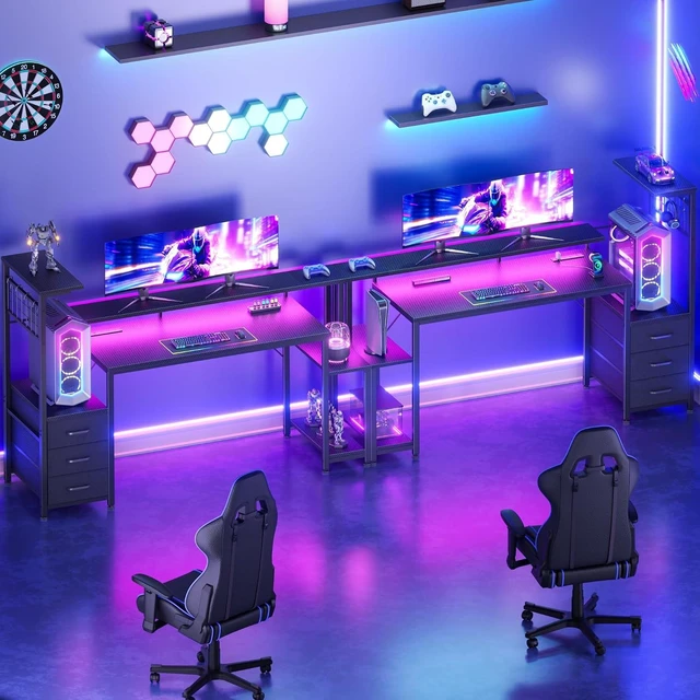 Alt view image 3 of 7 - Korfile 55" Gaming Desk with Power Outlet, LED, Carbon Fiber Black Finish,Reversible Computer Desk with Monitor Stand, CPU Stand & Drawers, Gamer Table with Side Hook for Gaming, Home Office, Bedroom