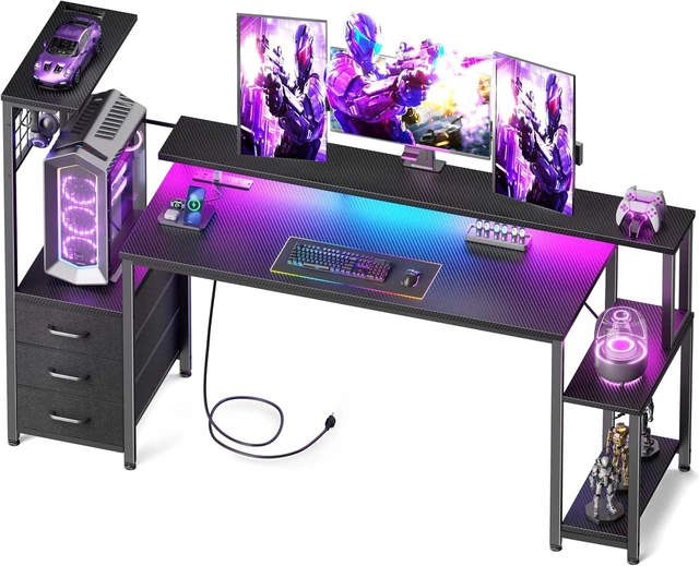 Main image of Korfile 63" Gaming Desk with Power Outlet, LED, Carbon Fiber Black Finish,Reversible Computer Desk with Monitor Stand, CPU Stand & Drawers, Gamer Table with Side Hook for Gaming, Home Office, Bedroom