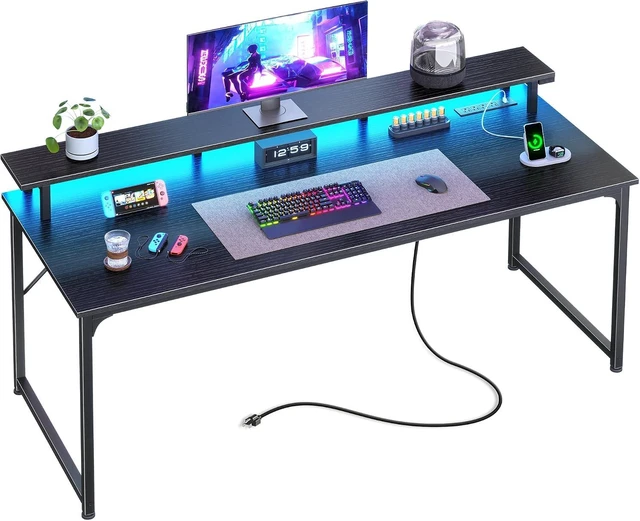 Main image of 55 inch Gaming Desk, LED & Power Outlets, Monitor Stand, Black,Sturdy PC Desk for Home Office, Study & Work, LED Lights, 4 AC Outlets & USB-C Charging Station
