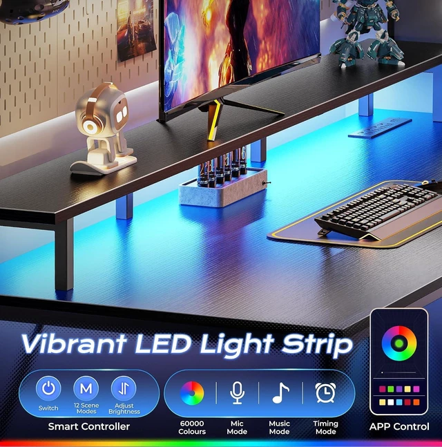 Alt view image 4 of 7 - 55 inch Gaming Desk, LED & Power Outlets, Monitor Stand, Black,Sturdy PC Desk for Home Office, Study & Work, LED Lights, 4 AC Outlets & USB-C Charging Station