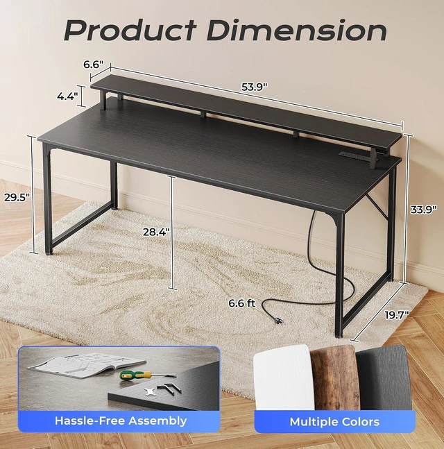 Alt view image 3 of 7 - 55 inch Gaming Desk, LED & Power Outlets, Monitor Stand, Black,Sturdy PC Desk for Home Office, Study & Work, LED Lights, 4 AC Outlets & USB-C Charging Station