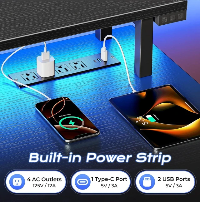 Alt view image 5 of 7 - 55 inch Gaming Desk, LED & Power Outlets, Monitor Stand, Black,Sturdy PC Desk for Home Office, Study & Work, LED Lights, 4 AC Outlets & USB-C Charging Station