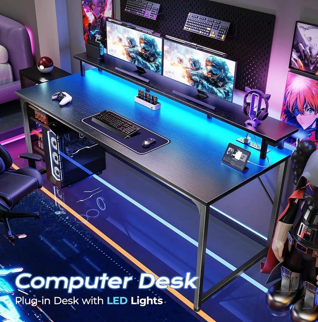Alt view image 2 of 7 - 55 inch Gaming Desk, LED & Power Outlets, Monitor Stand, Black,Sturdy PC Desk for Home Office, Study & Work, LED Lights, 4 AC Outlets & USB-C Charging Station