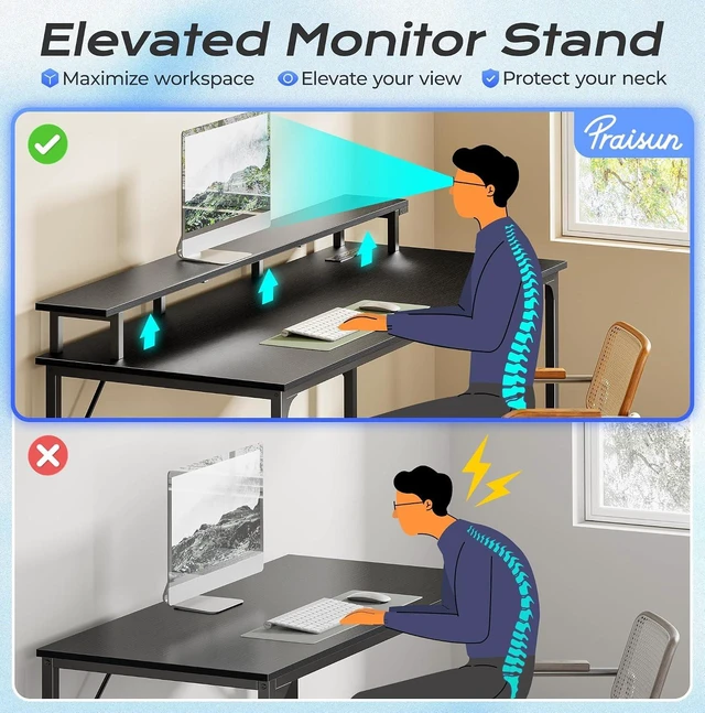 Alt view image 6 of 7 - 55 inch Gaming Desk, LED & Power Outlets, Monitor Stand, Black,Sturdy PC Desk for Home Office, Study & Work, LED Lights, 4 AC Outlets & USB-C Charging Station