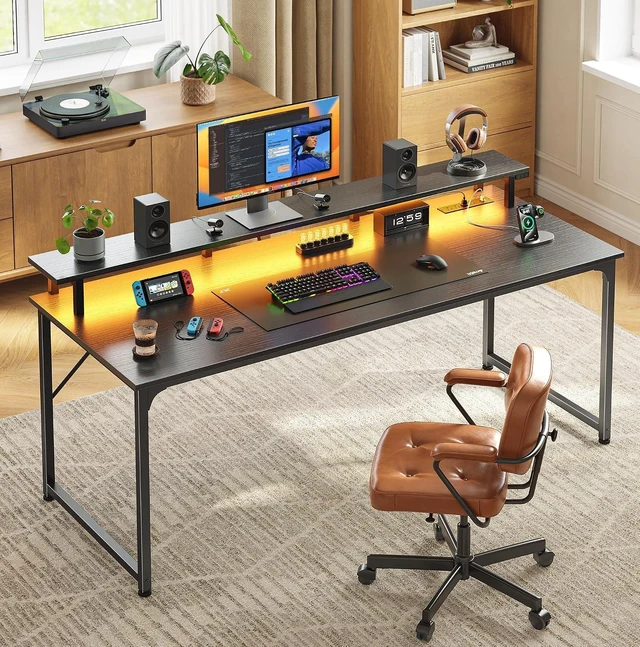 Alt view image 7 of 7 - 55 inch Gaming Desk, LED & Power Outlets, Monitor Stand, Black,Sturdy PC Desk for Home Office, Study & Work, LED Lights, 4 AC Outlets & USB-C Charging Station