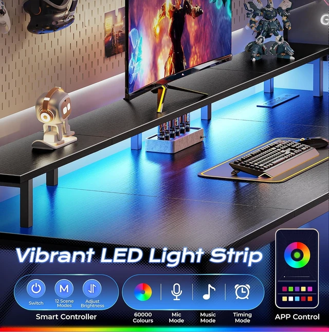 Alt view image 6 of 7 - 63 inch Gaming Desk, LED & Power Outlets, Monitor Stand, Black,Sturdy PC Desk for Home Office, Study & Work, LED Lights, 4 AC Outlets & USB-C Charging Station