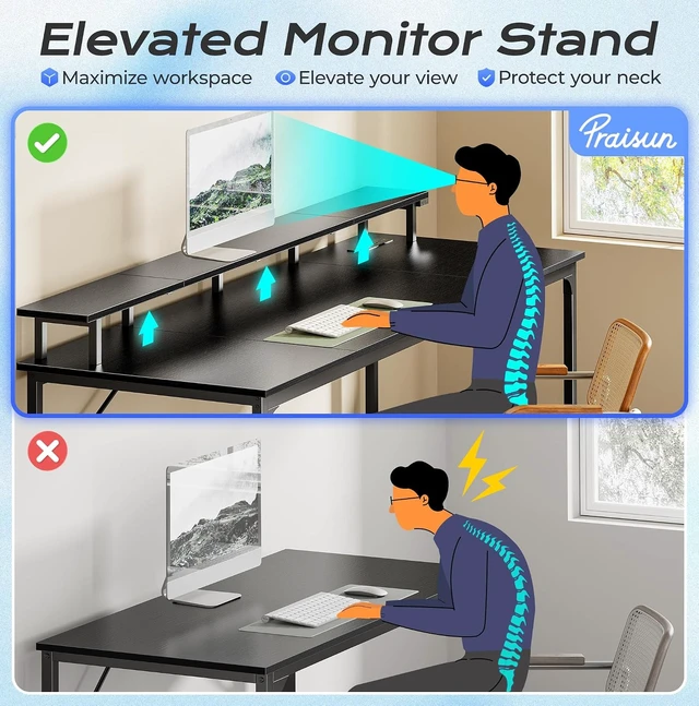 Alt view image 7 of 7 - 63 inch Gaming Desk, LED & Power Outlets, Monitor Stand, Black,Sturdy PC Desk for Home Office, Study & Work, LED Lights, 4 AC Outlets & USB-C Charging Station