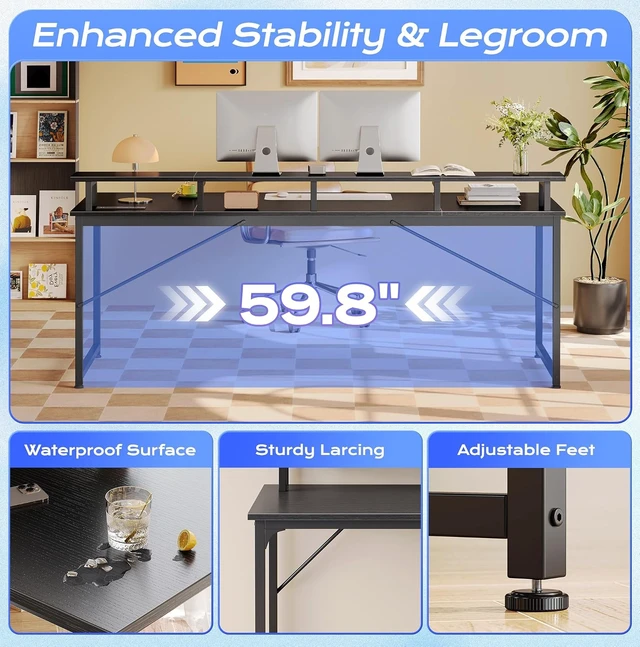 Alt view image 4 of 7 - 63 inch Gaming Desk, LED & Power Outlets, Monitor Stand, Black,Sturdy PC Desk for Home Office, Study & Work, LED Lights, 4 AC Outlets & USB-C Charging Station