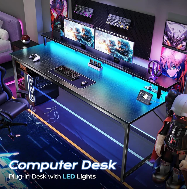 Alt view image 5 of 7 - 63 inch Gaming Desk, LED & Power Outlets, Monitor Stand, Black,Sturdy PC Desk for Home Office, Study & Work, LED Lights, 4 AC Outlets & USB-C Charging Station