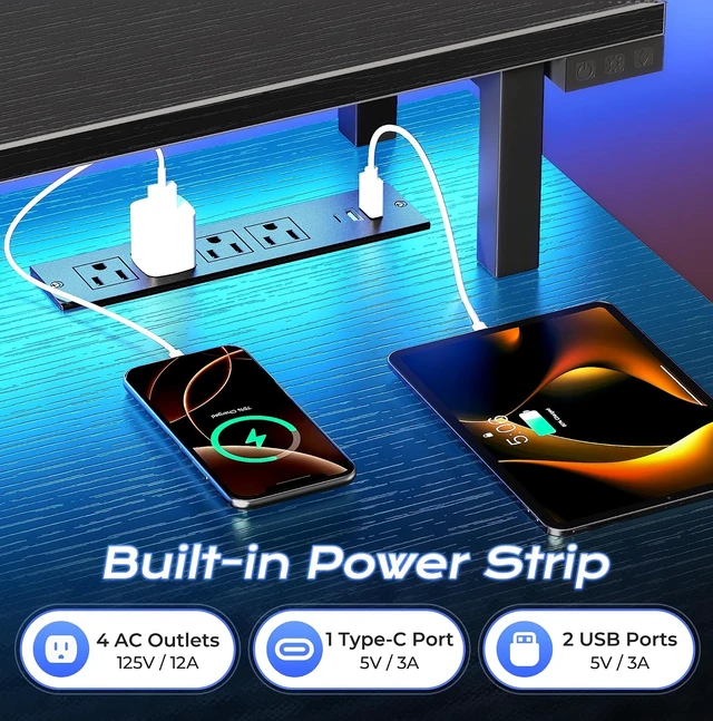 Alt view image 2 of 7 - 63 inch Gaming Desk, LED & Power Outlets, Monitor Stand, Black,Sturdy PC Desk for Home Office, Study & Work, LED Lights, 4 AC Outlets & USB-C Charging Station