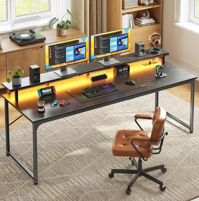Alt view image 3 of 7 - 63 inch Gaming Desk, LED & Power Outlets, Monitor Stand, Black,Sturdy PC Desk for Home Office, Study & Work, LED Lights, 4 AC Outlets & USB-C Charging Station