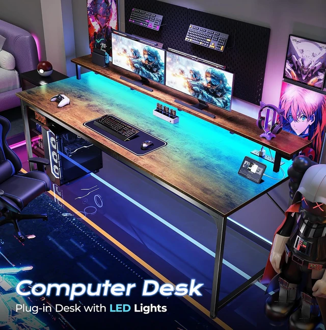 Alt view image 5 of 7 - 63 inch Gaming Desk, LED & Outlets, Monitor Stand, Rustic Brown,Sturdy PC Desk for Home Office, Study & Work, LED Lights, 4 AC Outlets & USB-C Charging Station