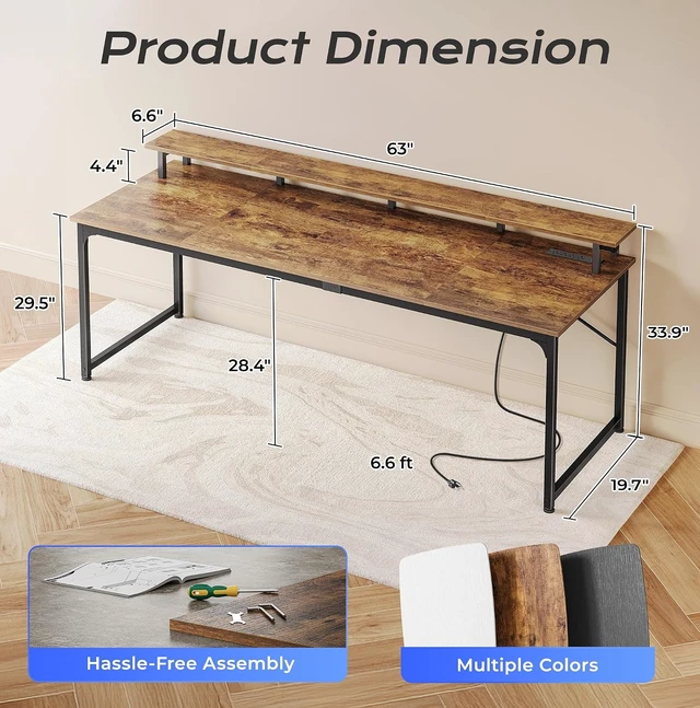 Alt view image 7 of 7 - 63 inch Gaming Desk, LED & Outlets, Monitor Stand, Rustic Brown,Sturdy PC Desk for Home Office, Study & Work, LED Lights, 4 AC Outlets & USB-C Charging Station