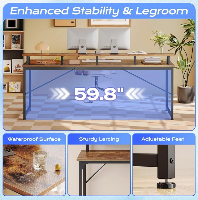 Alt view image 4 of 7 - 63 inch Gaming Desk, LED & Outlets, Monitor Stand, Rustic Brown,Sturdy PC Desk for Home Office, Study & Work, LED Lights, 4 AC Outlets & USB-C Charging Station
