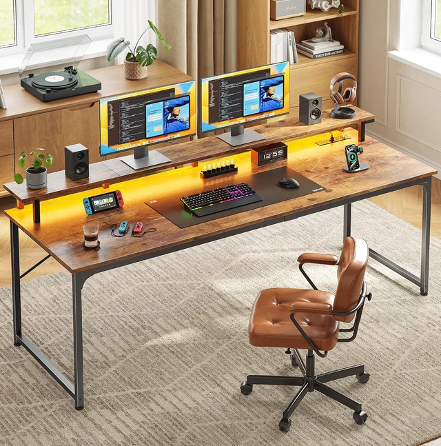 Alt view image 2 of 7 - 63 inch Gaming Desk, LED & Outlets, Monitor Stand, Rustic Brown,Sturdy PC Desk for Home Office, Study & Work, LED Lights, 4 AC Outlets & USB-C Charging Station
