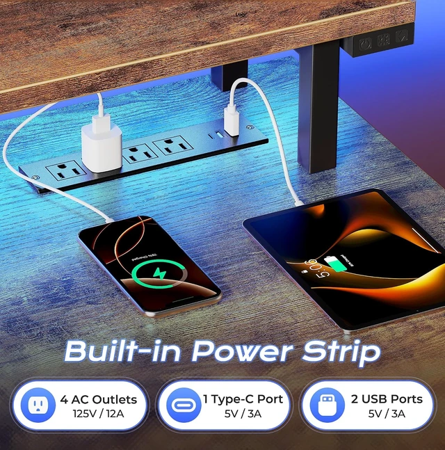Alt view image 3 of 7 - 63 inch Gaming Desk, LED & Outlets, Monitor Stand, Rustic Brown,Sturdy PC Desk for Home Office, Study & Work, LED Lights, 4 AC Outlets & USB-C Charging Station