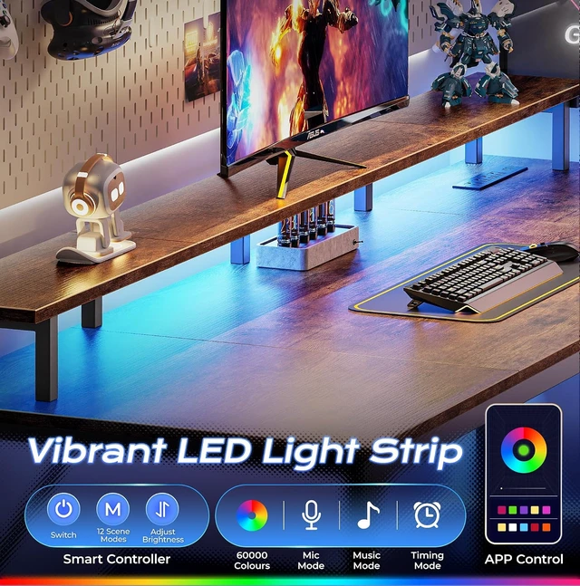 Alt view image 6 of 7 - 63 inch Gaming Desk, LED & Outlets, Monitor Stand, Rustic Brown,Sturdy PC Desk for Home Office, Study & Work, LED Lights, 4 AC Outlets & USB-C Charging Station