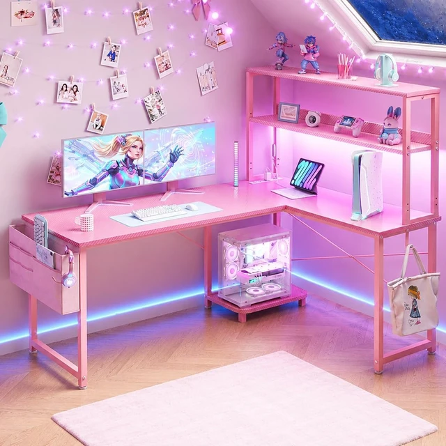 Alt view image 4 of 7 - ODK 53" L Shaped Gaming Desk with Shelves, LED & Outlets, Pink,Headset hook. Storage bag. Shelves for makeup & gaming gear. LED for late-night gaming. Reversible. Fits dual monitors.