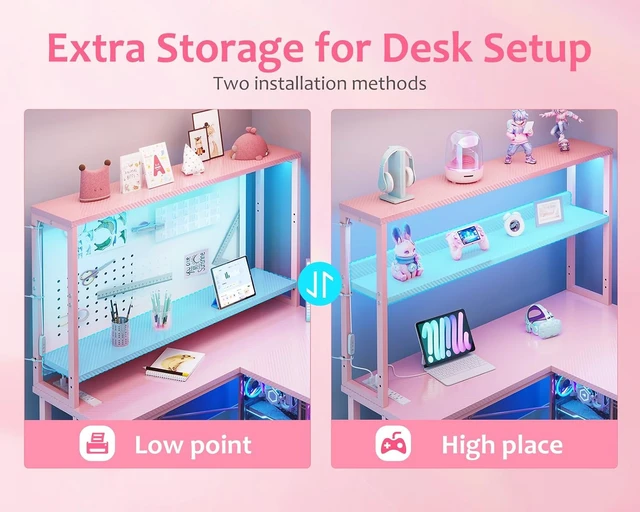 Alt view image 7 of 7 - ODK 53" L Shaped Gaming Desk with Shelves, LED & Outlets, Pink,Headset hook. Storage bag. Shelves for makeup & gaming gear. LED for late-night gaming. Reversible. Fits dual monitors.