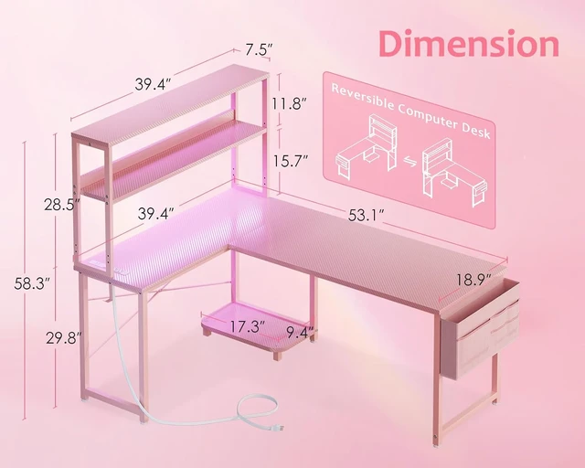 Alt view image 3 of 7 - ODK 53" L Shaped Gaming Desk with Shelves, LED & Outlets, Pink,Headset hook. Storage bag. Shelves for makeup & gaming gear. LED for late-night gaming. Reversible. Fits dual monitors.