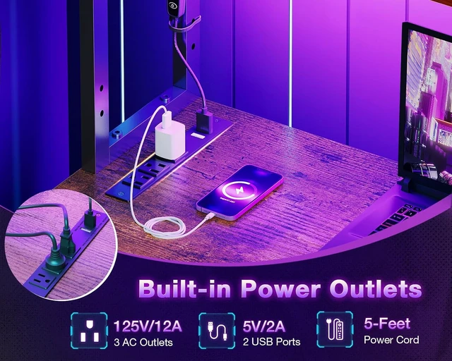 Alt view image 7 of 7 - ODK 53" L Shaped Gaming Desk with Shelves, LED & Outlets, Vintage,Headset hook. Storage bag. Shelves for stationery & accessories. LED for late-night gaming. Reversible. Fits dual monitors.