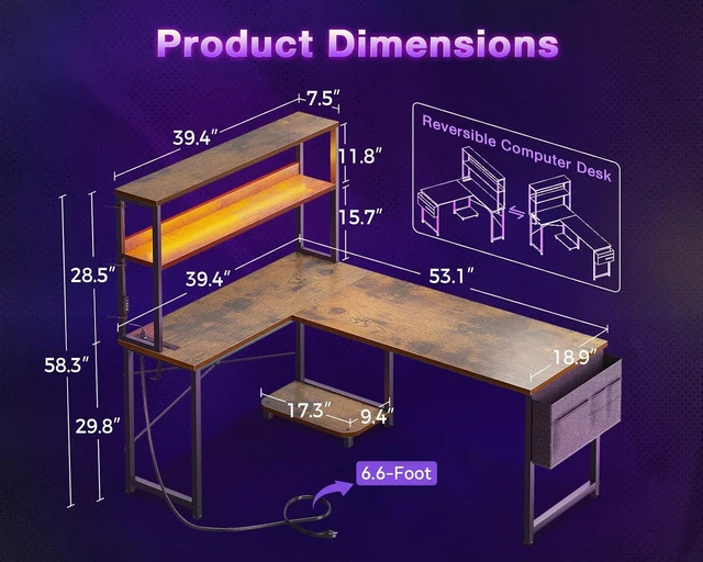 Alt view image 2 of 7 - ODK 53" L Shaped Gaming Desk with Shelves, LED & Outlets, Vintage,Headset hook. Storage bag. Shelves for stationery & accessories. LED for late-night gaming. Reversible. Fits dual monitors.