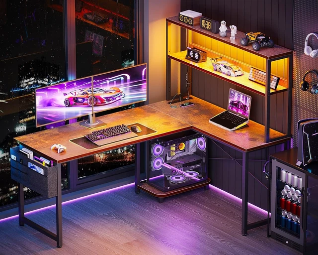 Alt view image 5 of 7 - ODK 53" L Shaped Gaming Desk with Shelves, LED & Outlets, Vintage,Headset hook. Storage bag. Shelves for stationery & accessories. LED for late-night gaming. Reversible. Fits dual monitors.