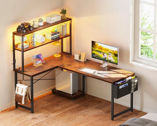 Alt view image 4 of 7 - ODK 53" L Shaped Gaming Desk with Shelves, LED & Outlets, Vintage,Headset hook. Storage bag. Shelves for stationery & accessories. LED for late-night gaming. Reversible. Fits dual monitors.