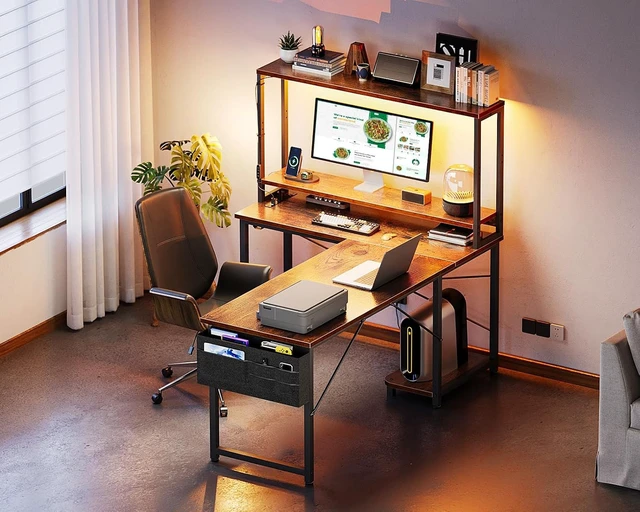 Alt view image 3 of 7 - ODK 53" L Shaped Gaming Desk with Shelves, LED & Outlets, Vintage,Headset hook. Storage bag. Shelves for stationery & accessories. LED for late-night gaming. Reversible. Fits dual monitors.