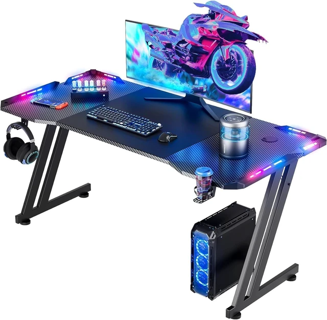 Main image of HLDIRECT 47 Inch Gaming Desk with App-Controlled RGB LED Lights, Black,Z-shaped frame design, cup holder, headphone hook, cable management & mouse pad, for dual-monitor gaming and work setup