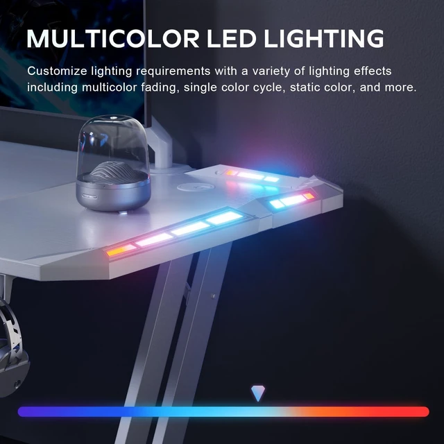 Alt view image 2 of 6 - HLDIRECT 47 Inch Gaming Desk with App-Controlled RGB LED Lights, White,Z-shaped frame design, cup holder, headphone hook, cable management & mouse pad, for dual-monitor gaming and work setup
