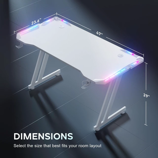 Alt view image 3 of 6 - HLDIRECT 47 Inch Gaming Desk with App-Controlled RGB LED Lights, White,Z-shaped frame design, cup holder, headphone hook, cable management & mouse pad, for dual-monitor gaming and work setup