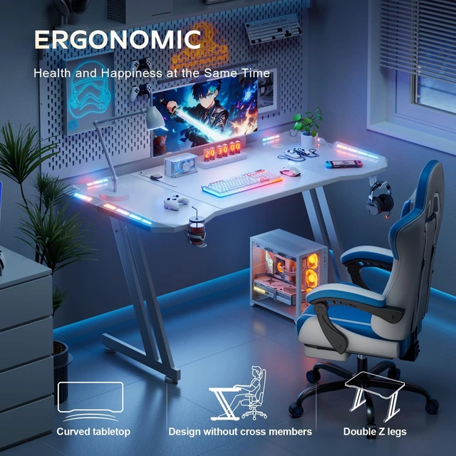 Alt view image 4 of 6 - HLDIRECT 47 Inch Gaming Desk with App-Controlled RGB LED Lights, White,Z-shaped frame design, cup holder, headphone hook, cable management & mouse pad, for dual-monitor gaming and work setup
