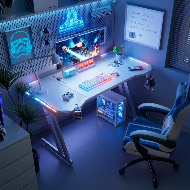 Alt view image 5 of 6 - HLDIRECT 47 Inch Gaming Desk with App-Controlled RGB LED Lights, White,Z-shaped frame design, cup holder, headphone hook, cable management & mouse pad, for dual-monitor gaming and work setup