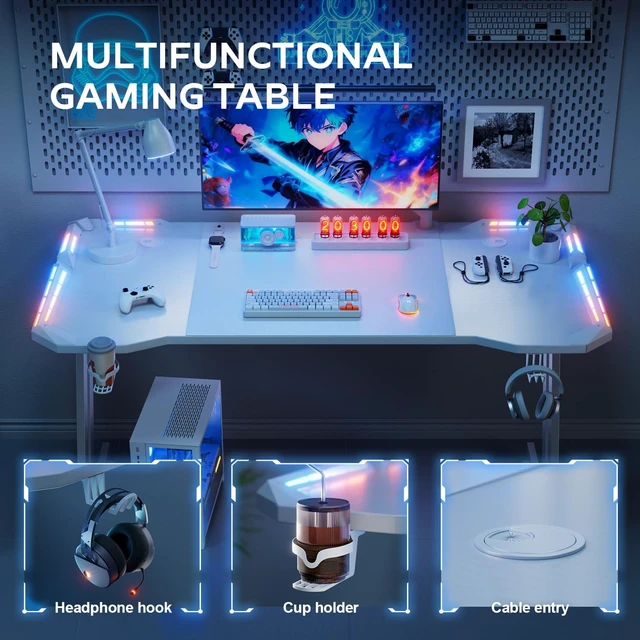 Alt view image 6 of 6 - HLDIRECT 47 Inch Gaming Desk with App-Controlled RGB LED Lights, White,Z-shaped frame design, cup holder, headphone hook, cable management & mouse pad, for dual-monitor gaming and work setup