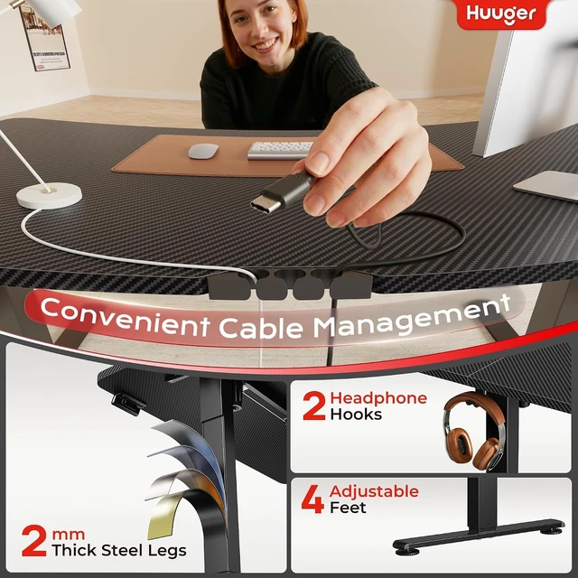 Alt view image 2 of 7 - Huuger 47 X 24 Inch Electric Standing Desk with Power Outlets and USB-C Port, Height Adjustable Desk, Sit Stand Desk for Home Office, Computer & Gaming Desk, Stable Steel Frame, Carbon Black