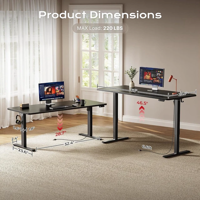 Alt view image 4 of 7 - Huuger 63 X 24 Inch Electric Standing Desk with Power Outlets and USB-C Port, Height Adjustable Desk, Sit Stand Desk for Home Office, Computer & Gaming Desk with 3 Presets, Stable Steel Frame, Black