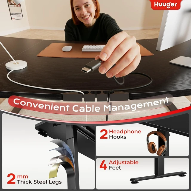 Alt view image 7 of 7 - Huuger 63 X 24 Inch Electric Standing Desk with Power Outlets and USB-C Port, Height Adjustable Desk, Sit Stand Desk for Home Office, Computer & Gaming Desk with 3 Presets, Stable Steel Frame, Black