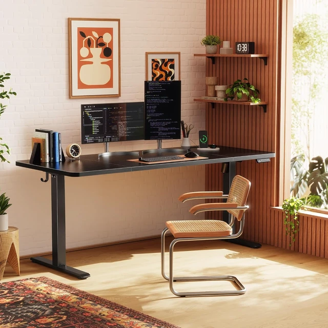 Alt view image 6 of 7 - Huuger 63 X 24 Inch Electric Standing Desk with Power Outlets and USB-C Port, Height Adjustable Desk, Sit Stand Desk for Home Office, Computer & Gaming Desk with 3 Presets, Stable Steel Frame, Black