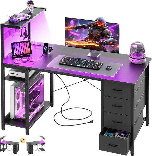 Main image of 47in Gaming Computer Desk with Drawers & Storage Shelf & Iron Hook, Black,LED Light, Power Outlet, Reversible Gaming Table, Study Work Desk, Pc Desk, Escritorio Gamer for Small Space, Home Office