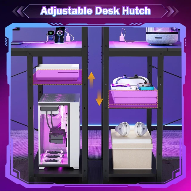 Alt view image 6 of 7 - 47in Gaming Computer Desk with Drawers & Storage Shelf & Iron Hook, Black,LED Light, Power Outlet, Reversible Gaming Table, Study Work Desk, Pc Desk, Escritorio Gamer for Small Space, Home Office