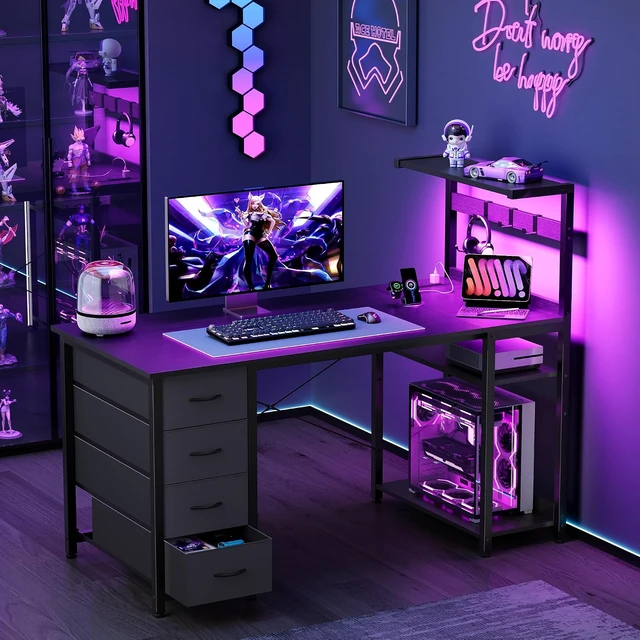 Alt view image 2 of 7 - 47in Gaming Computer Desk with Drawers & Storage Shelf & Iron Hook, Black,LED Light, Power Outlet, Reversible Gaming Table, Study Work Desk, Pc Desk, Escritorio Gamer for Small Space, Home Office